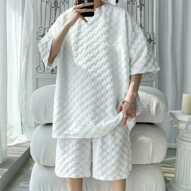 Mens Set Fashion Summer Loose Casual Plaid T Shirts And Shorts High Quality Korean Clothing Mens Clothes Big Size 5XL-M 250303
