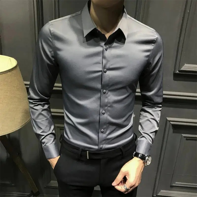 Dress Shirt Long Sleeve Silk Business Plain Man Tops Formal Shirts and Blouses for Men Office Cotton with Collar S Cool Clothing 250227