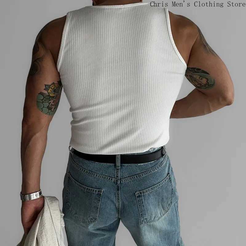 Muscle Men Elastic Tight Vest Street Fashion Solid Color Knitted Vest Fitness Sports Running Mens Sweatshirt Mens Base CoatT250318