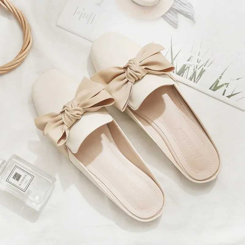 2023 Luxury Wan Knife Summer Close Toe Win Slippers Bowtie Lazy Slides Flat Heel Girl Slippers Korean Outdoor Flip Flops Y250306