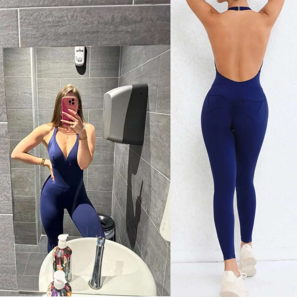 Pad Halter V Romper Women One Piece Jumpsuit Workout Yoga Set Open Back Clothing Scrunch Proof Butt Gym Active Suit KLMY