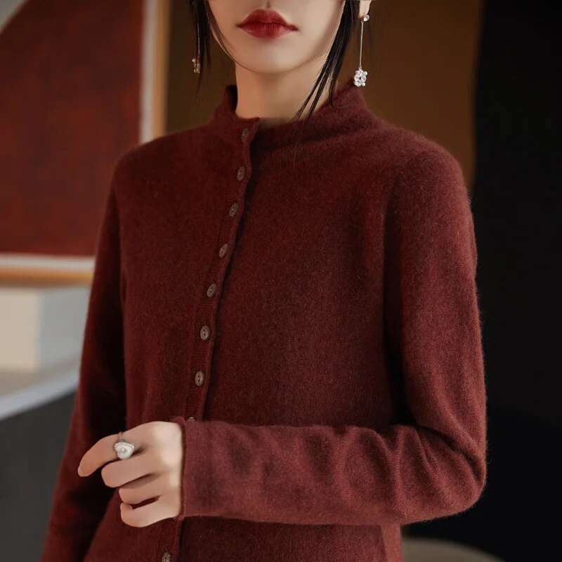 Women's Long Sleeved Solid Color Button Up Australian 100% Wool Cardigan Autumn And Winter French Fashion Knitted Jacket