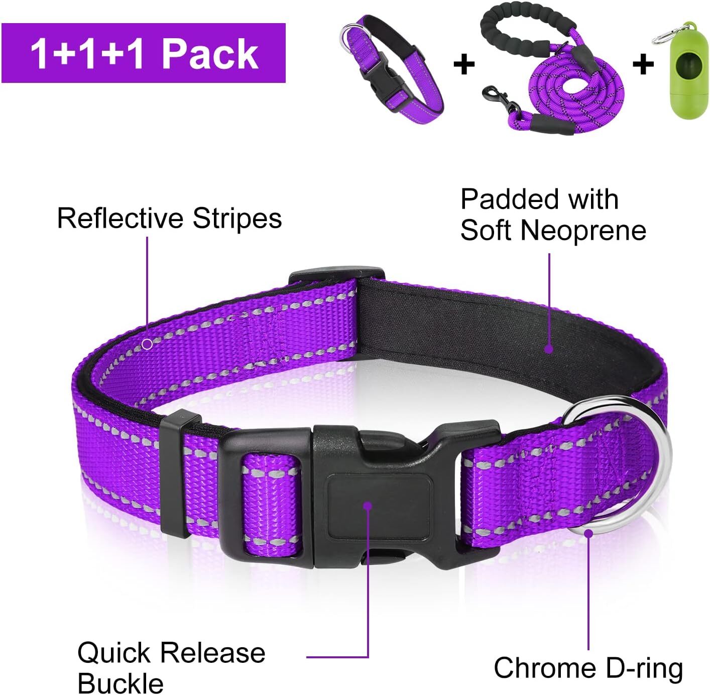 Premium Reflective Nylon Dog Collar & Leash Set with Neoprene Padding - 6ft Lead, Waste Bag Dispenser (S/M & Medium Sizes) Dog kit Dog shick collar