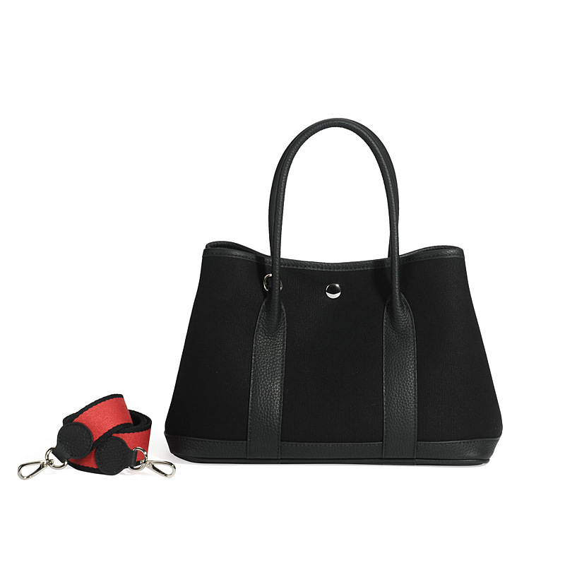 Large Capacity Garden Canvas Splicing, Contrasting Leather, Top Layer Cowhide, Hand-Held Single Shoulder Shopping Bag, Bucket Tote Bag