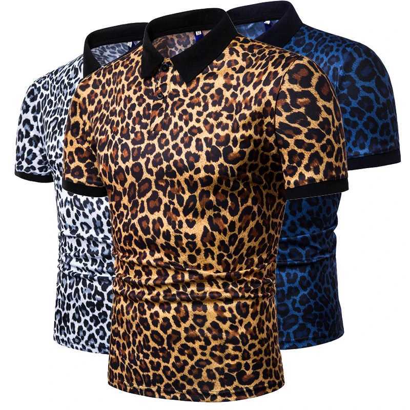 Fashion New Summer Casual T Shirt Men Short Sleeve Turn Down Collar Slim Fit Shirt Sexy leopard print polo shirt X250306