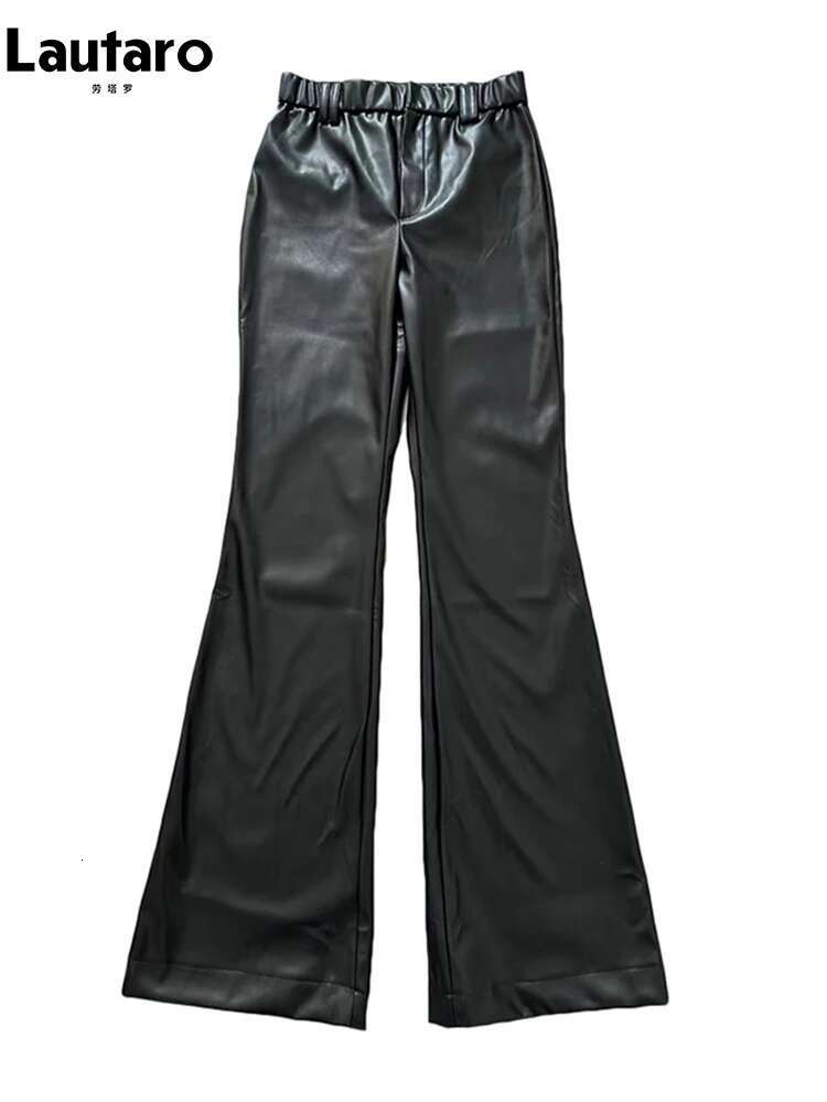 Lautaro Spring Autumn Cool Casual Soft Black Pu Leather Or Length Flare Pants For Women High Waist Korean Style Fashion 2023
