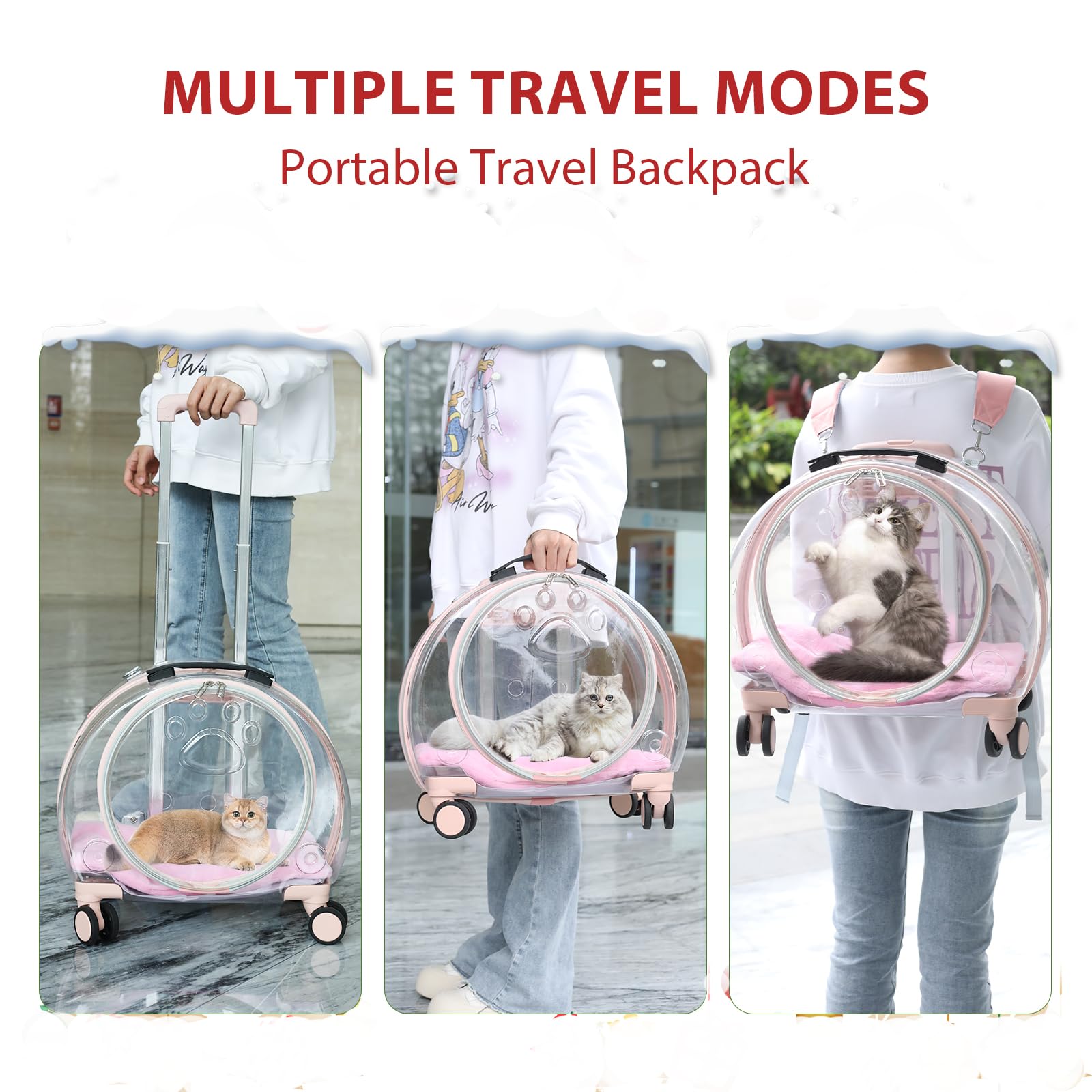 Transparent & Fully Breathable Hard cat Carrier with Rolling Wheels for Dogs, Cats, or Bunnies, Multiple Carrying Options, Perfect for Traveling/Takin