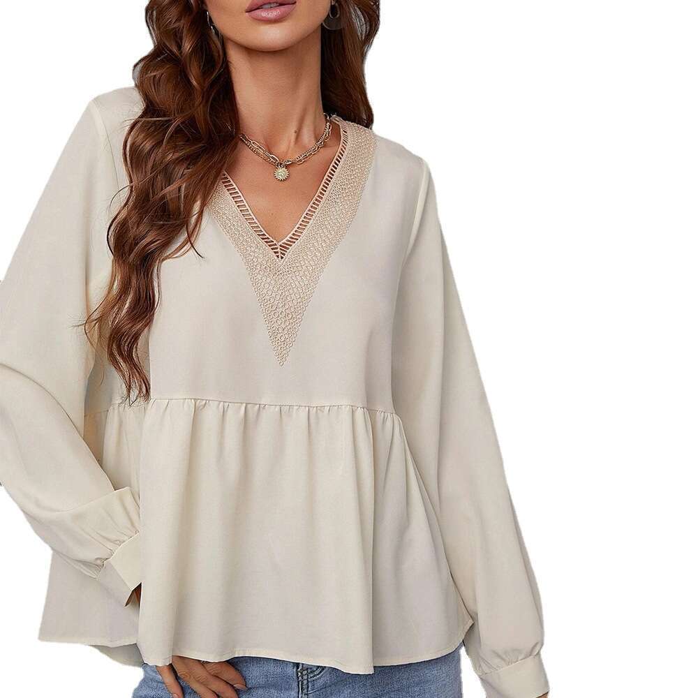 Spring/Summer Commuter Top Patchwork Lace V-Neck Loose Long Sleeve Women's Shirt KLMY
