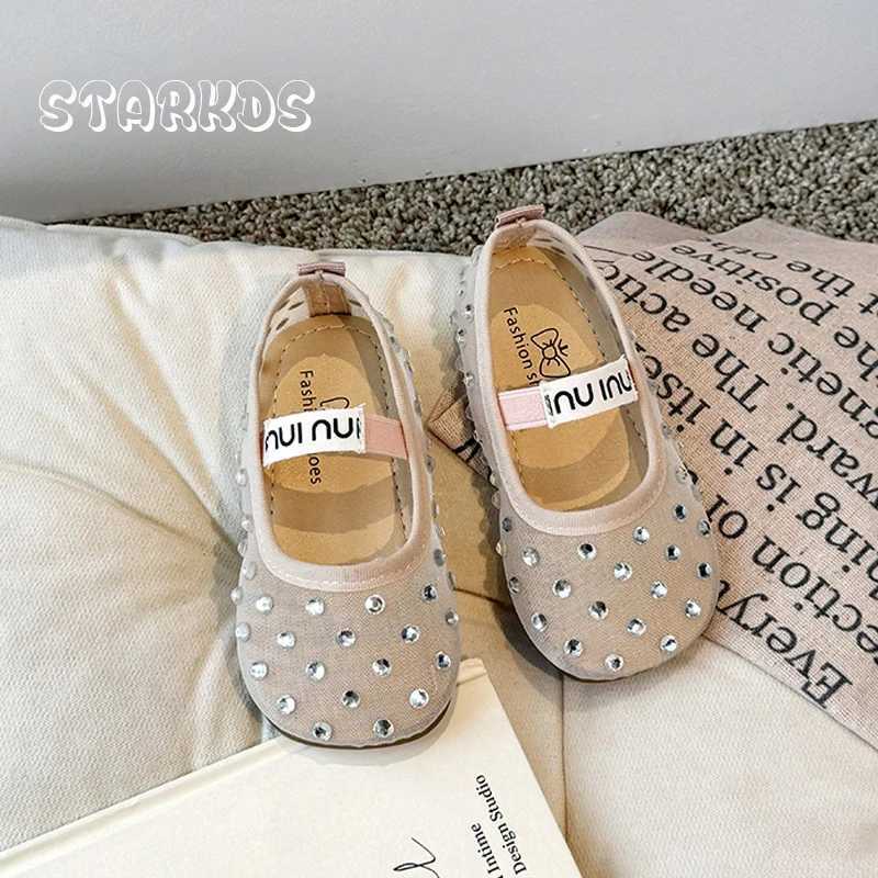 Summer Breathable Lace Mesh Ballet Flats Kid Girls Luxury Brand Design Crystal Stud Net Ballerina Shoes Baby Child Bling ZapatosT250306