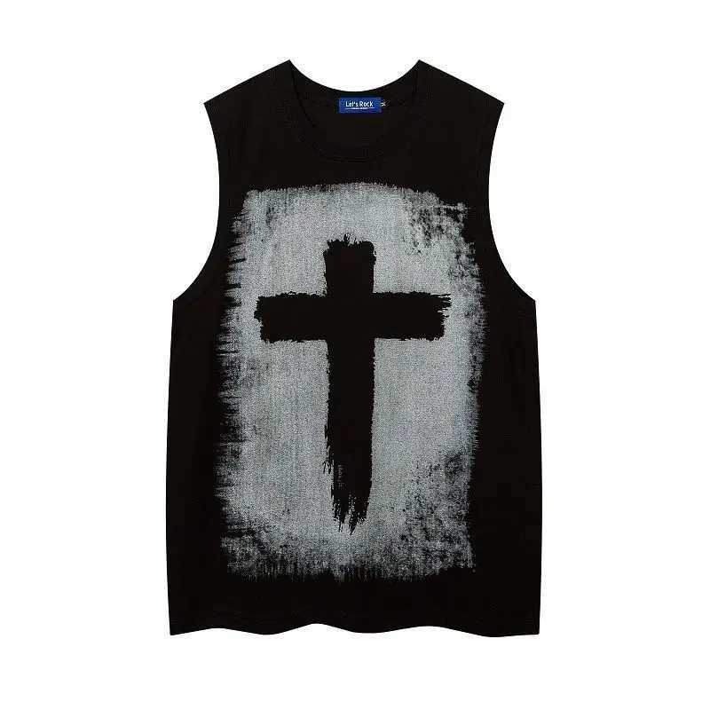 Mens Summer O-neck Sleeveless Short Sleeved Gothic Cross Printed Vests Trendy High Street American Retro Loose Casual Tank TopsT250318