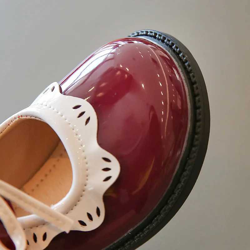 Girls Princess Shoes Wine Red Black Ruffles Elegant Patent Leather Bowknot Children Flat Shoes 21-35 Toddler Kids Single ShoeT250306