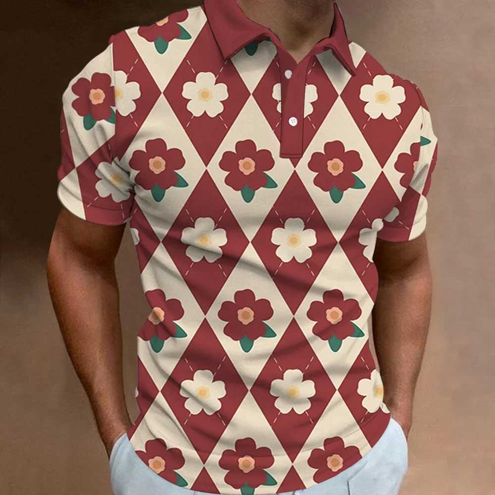 Mens Polo Shirt Summer Street Casual Short Sleeve Flower Print Buttons Tops Fashion Pullover Oversized Clothing Male Wear X250306