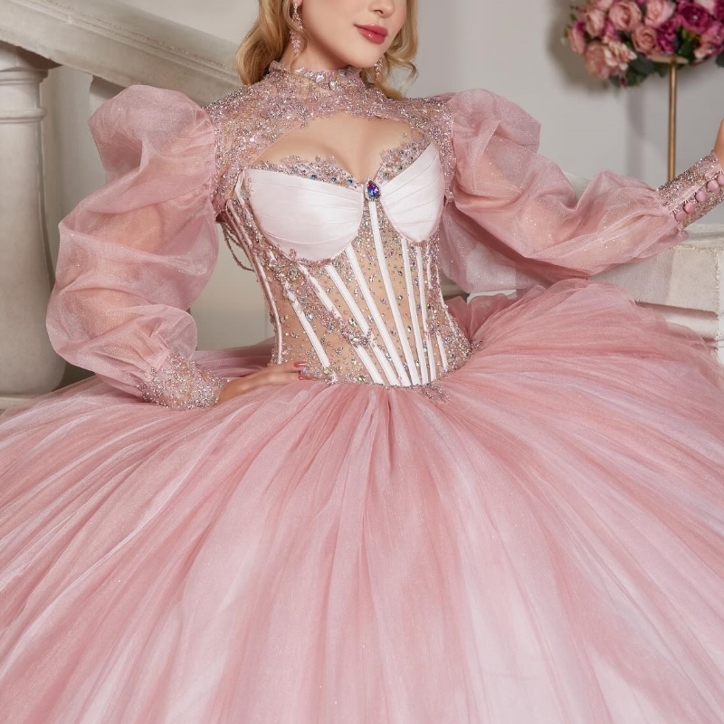 Pink Shiny Quinceanera Dress Applique Lace Beads Tull With Cape Princess Ball Gown Sweet 16 Vestidos 15 De XV Anos Party Birthday Gown