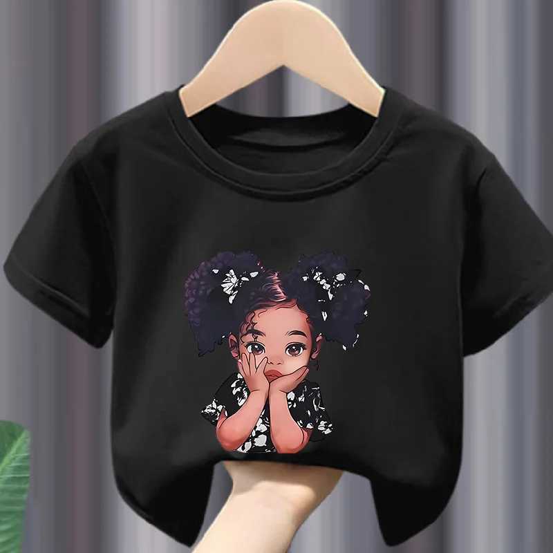 Girls Summer Crew-neck Short-sleeved Top New Black Girls Print Top Kids Clothes Boys Girls ClothesT250306