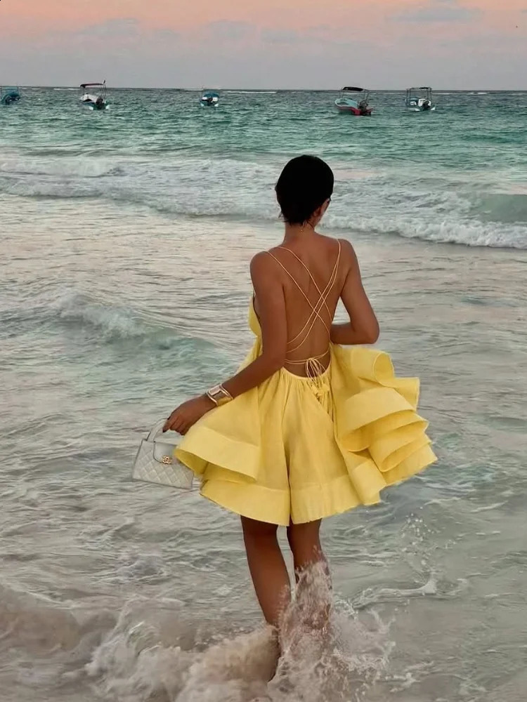 Sexy Backless Lace-up Loose Pleated Hem Mini Dress Women Sleeveless High Waist A-line Dresses 2025 Yellow Vocation Partywear 250305