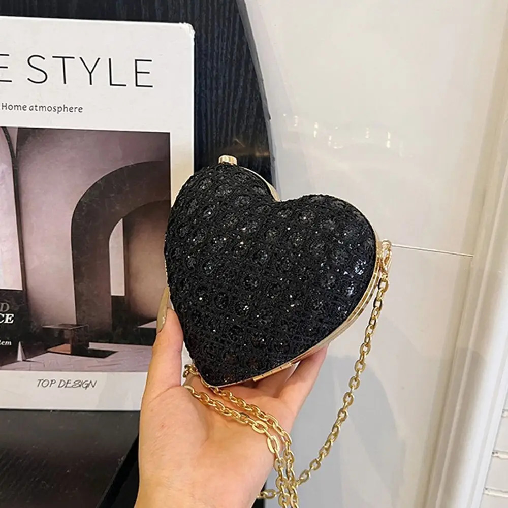 Heart-shaped Evening Bag Gold Bright Silk Rhinestone Decorative Banquet Clutch Chain Shoulder Bags Wedding Party 250306