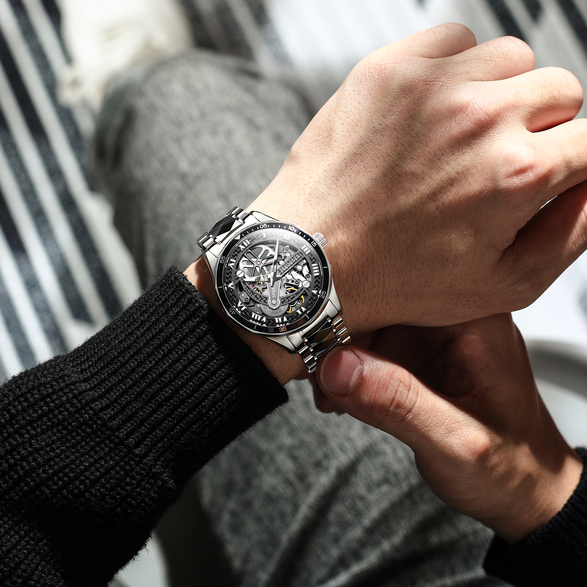 LIGE Classic Hollow Design Men's Fully Automatic Mechanical Watch Steel Strip Business Trend Waterproof Watch