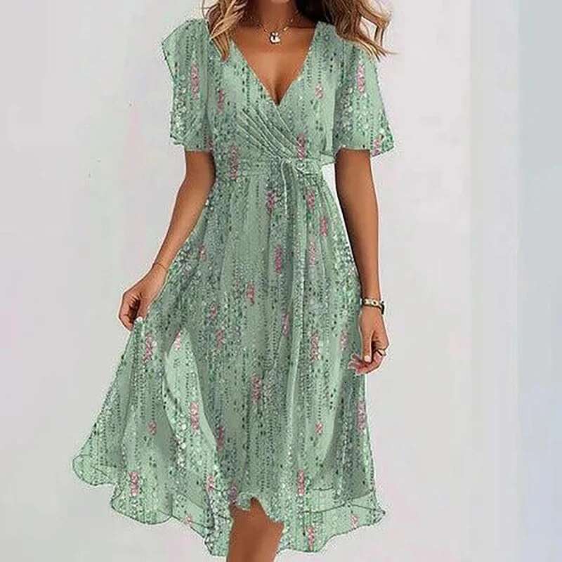 Spring Ral Print Chiffon Women Elegant V Neck Draped A-E Party Dress Summer Short Sleeve High-Waist Office Dresses