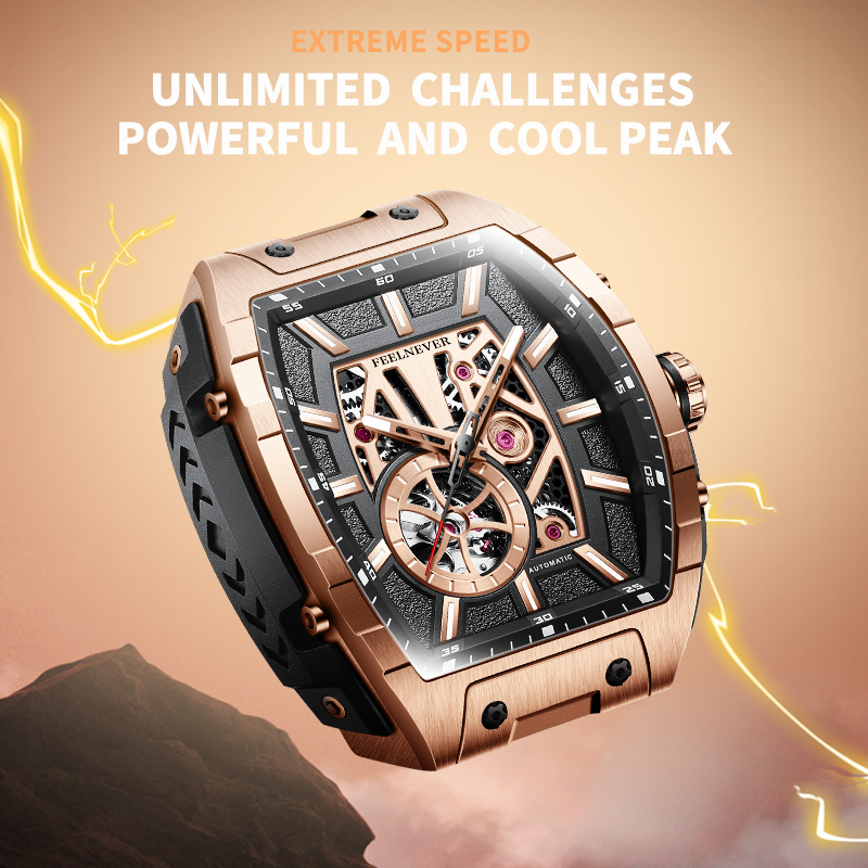 LIGE outdoor sports style wine barrel shaped mechanical men's watch with hollow design for men's business watches