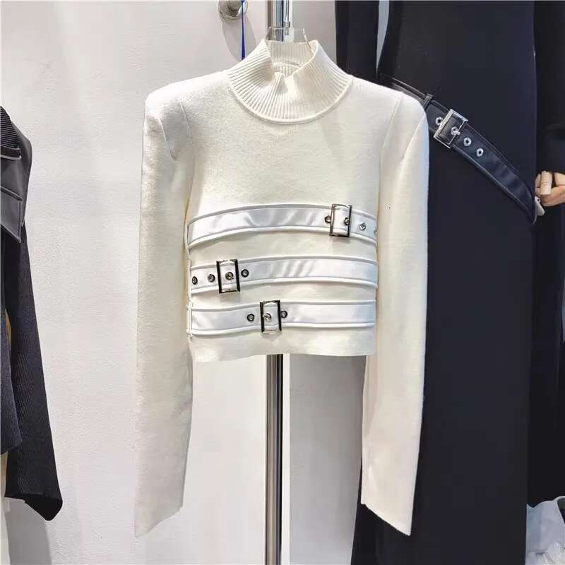 2025 Autumn Winter New Fashion Design Belt Buckle Slim Fit Knitted Tops For Women Turtleneck Long Sleeve Sweater