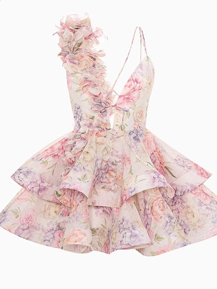 Elegant 3D Flower Printed Party Dress Women Sling Backless Lace Up Ruffle A-line Mini Evening Dresses Female 2025 Spring 250305