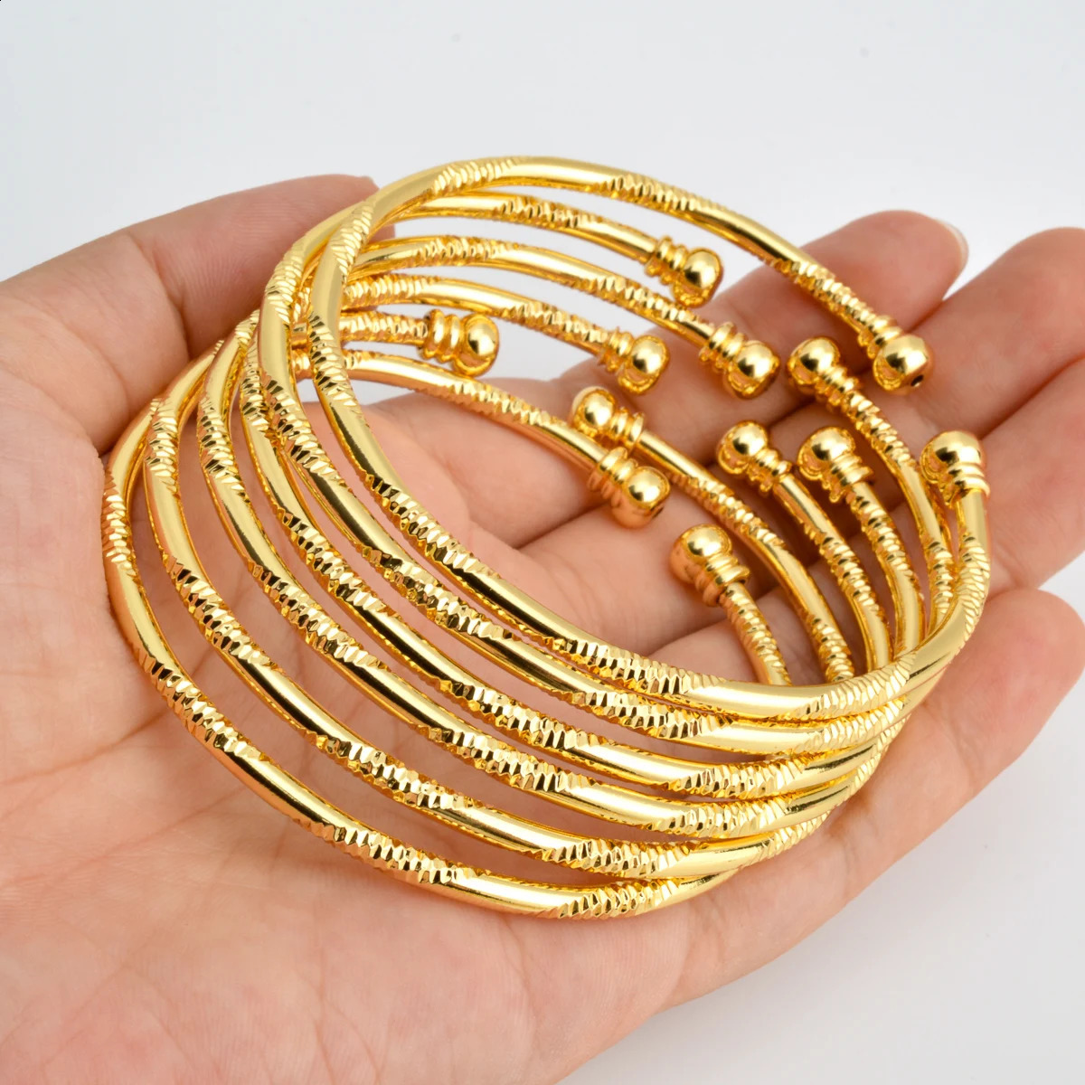 6Pcs/Set Dubai Bangles Set For Women Indian Africa Lady Jewelry Ethiopian Gold Color Cuff Bangles Wedding Bride Jewelry Gift 250303