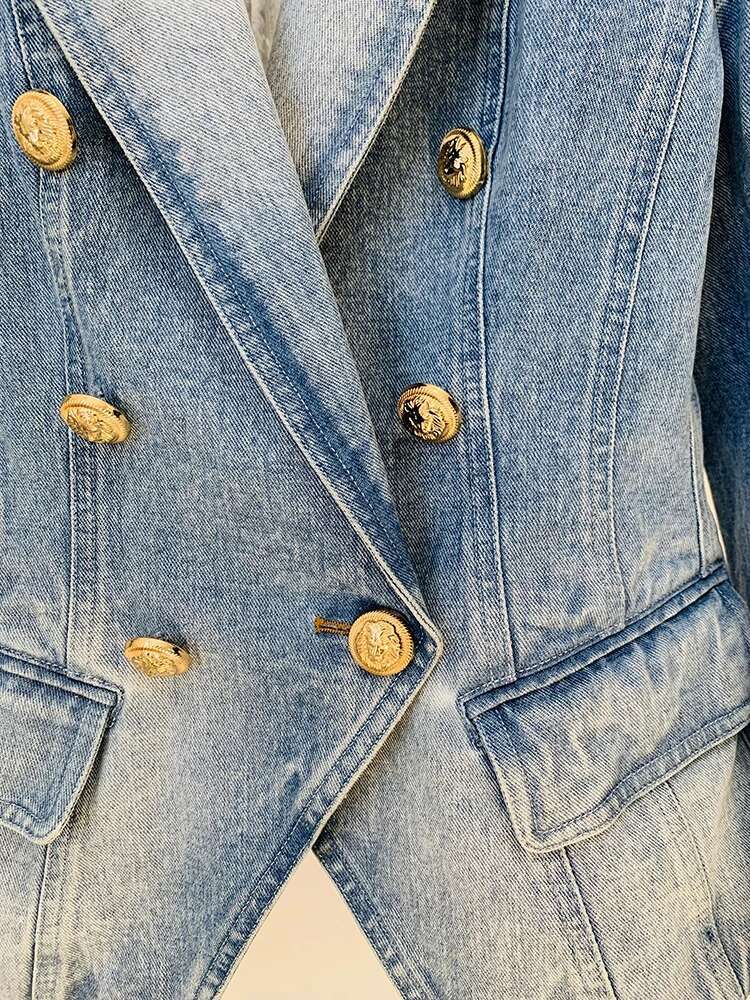 HIGH Quality 2025 Newest Designer Jacket Women's Slim Fitting Double Breasted Lion Buttons Denim Blazer