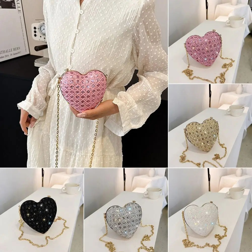 Heart-shaped Evening Bag Gold Bright Silk Rhinestone Decorative Banquet Clutch Chain Shoulder Bags Wedding Party 250306