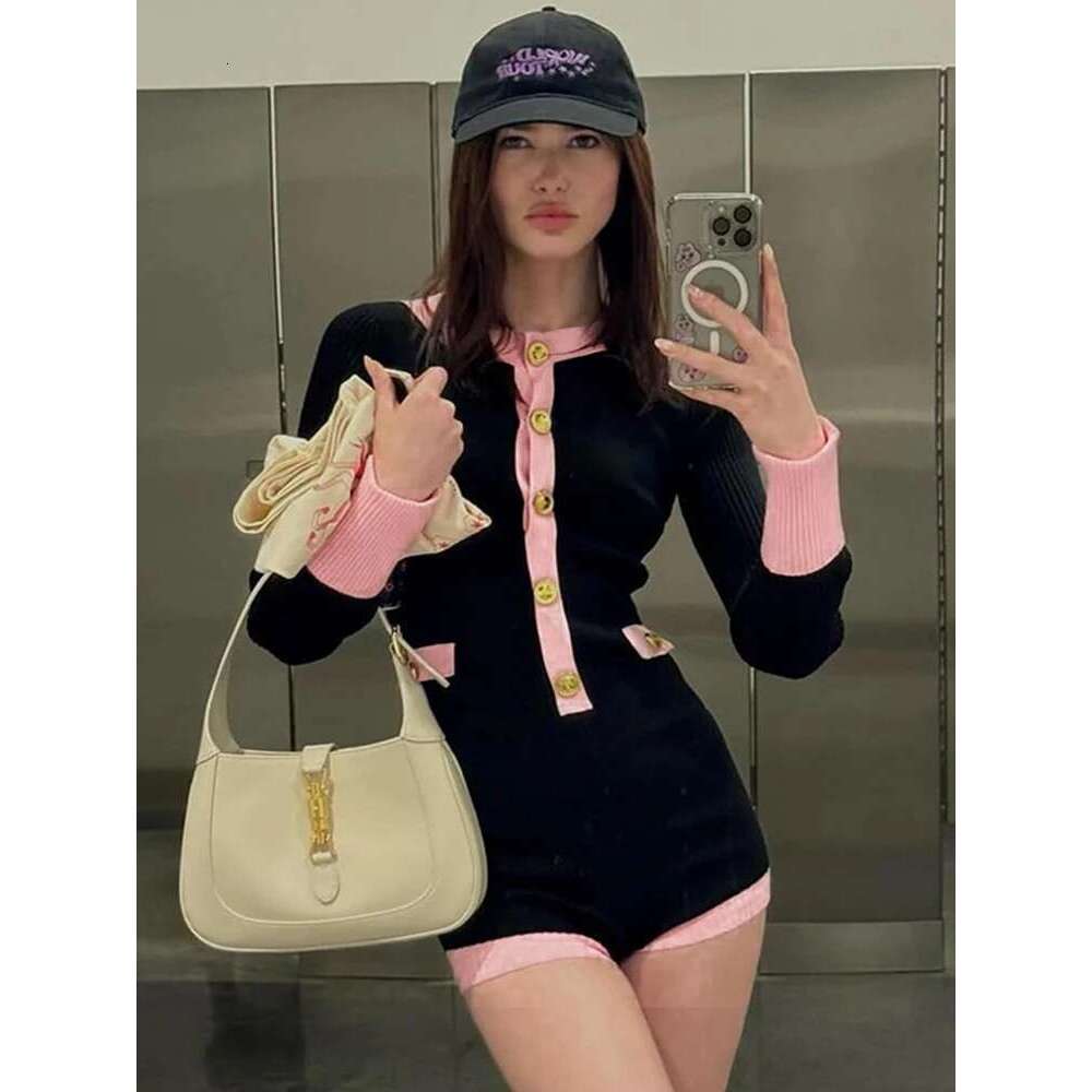 Sibybo Contrast Color Patchwork Playsuit Women Fashion Buttons O Neck Long Sleeve Slim Rompers Basics Bodycon Shorts Jumpsuits KLMY