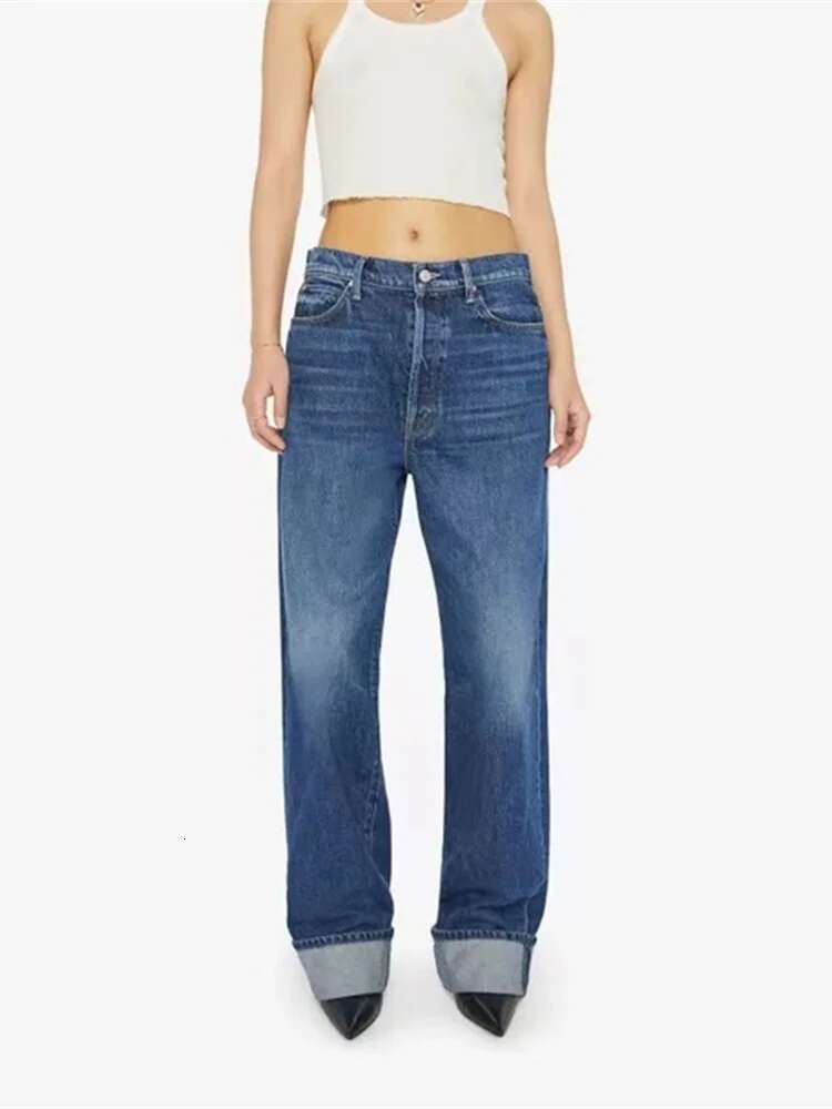 Women Dark Blue Jeans Elastic High Waisted Female Straight Wide Leg Denim Pants Versatile 2025 Spring New