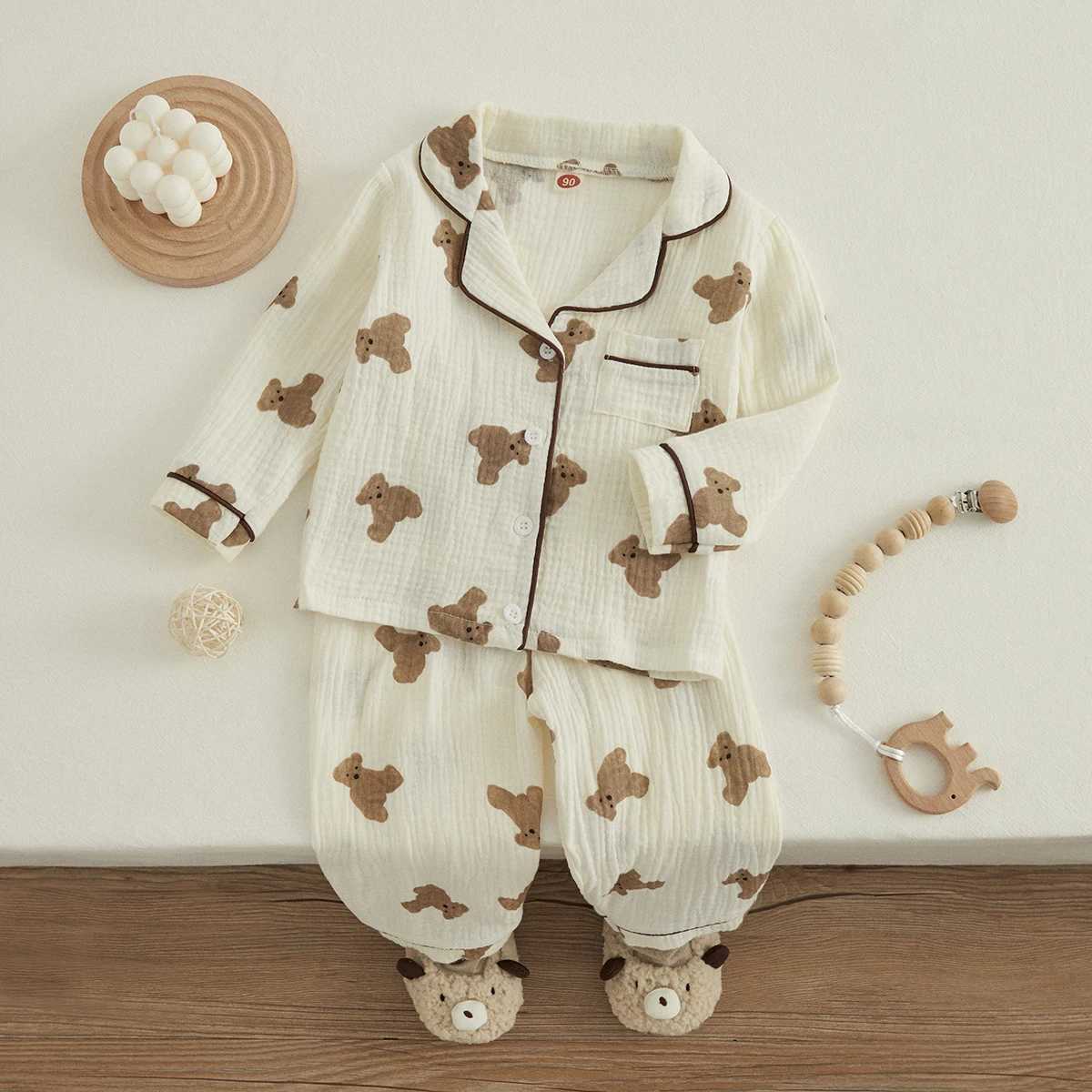 Visgogo childrens unisex cotton linen sleepwear set with bear print long sleeved front pocket lapel top long pants spring casual set M250306