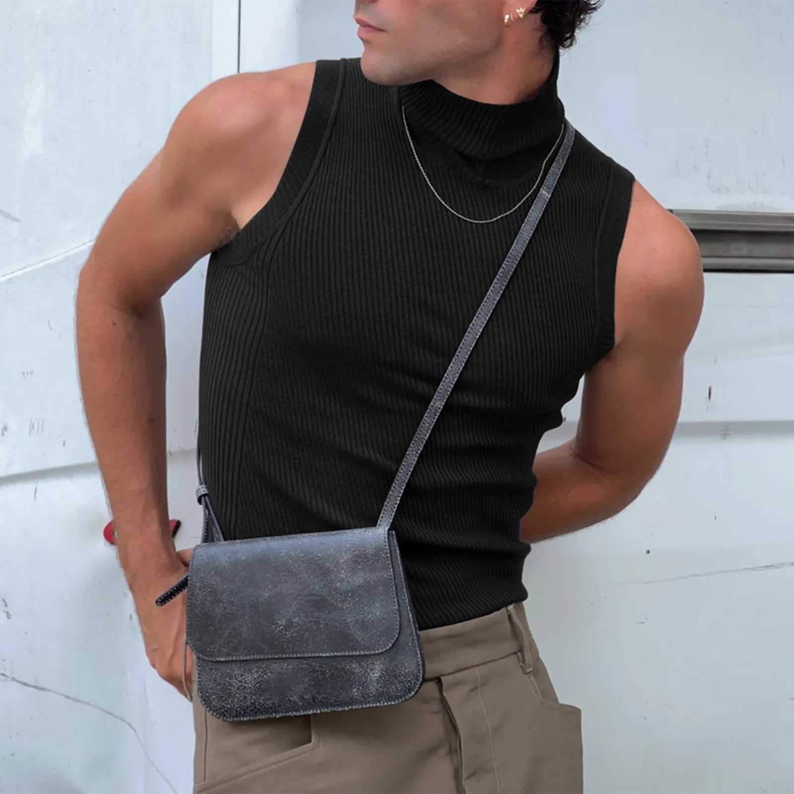 Mens Sexy Turtle Neck Knitted Camisole Sleeveless Vest Fashion Solid Color Sexy Off Shoulder Striped Nightclub Party Tank TopsT250318