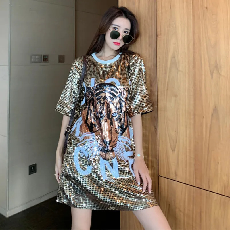 0209 Black Gold Silver Sequin T Shirt Women Tiger Streetwear Hip Hop Short Sleeve Loose Oneck Harajuku Summer 250306