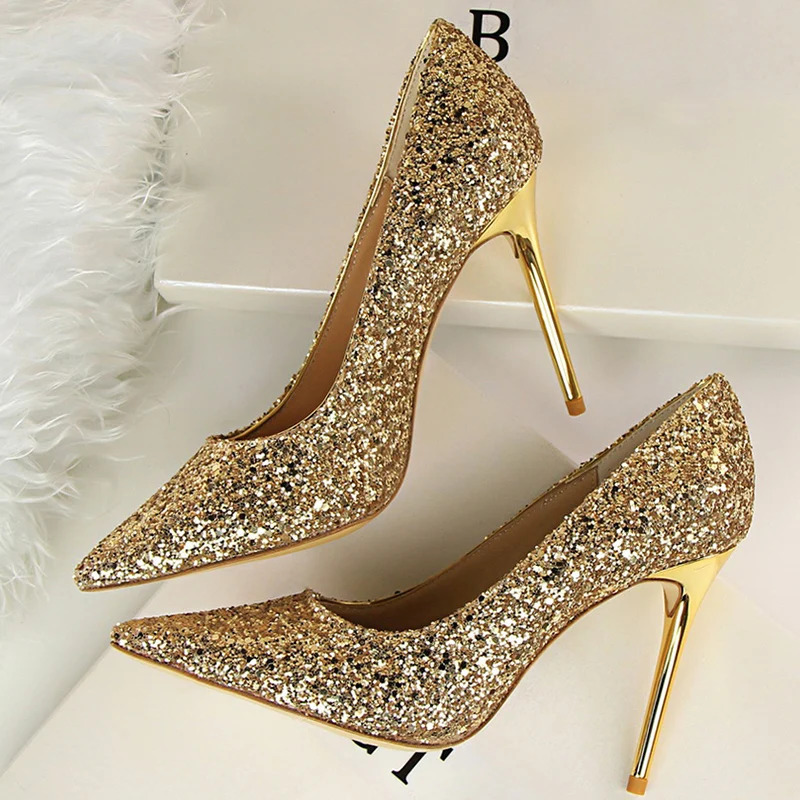 Women 7cm 9.5cm High Heels Sequins Glitter Pumps Plus Size 43 Wedding Bridal Gold Valentine Scarpins Shoes 250306