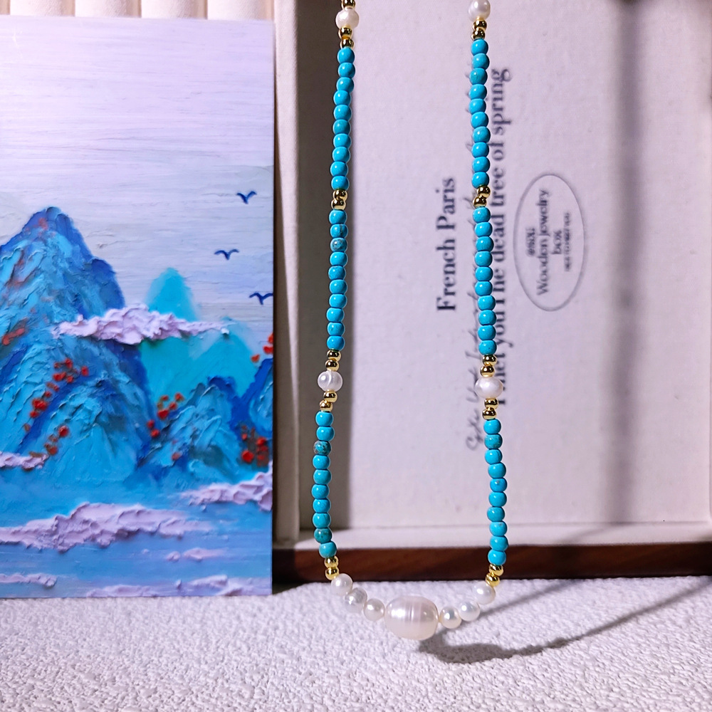 Ins Retro Turquoise Fresh Water Pearl Beaded Necklace Women's Fashion High Sense Simple Choker Collarbone Chain Jewelry