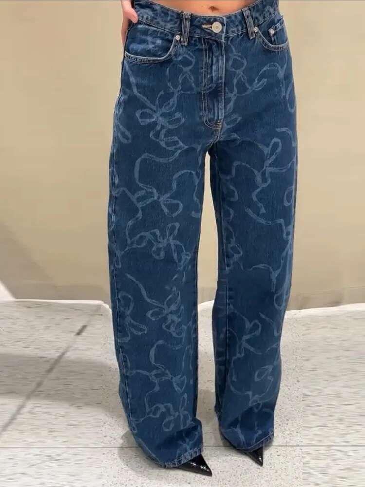 Street Print Panelled Jeans Women Y2k Wide Leg Zippers Button Pocket Female Pants 2025 Spring Summer New Urban Lady Trousers