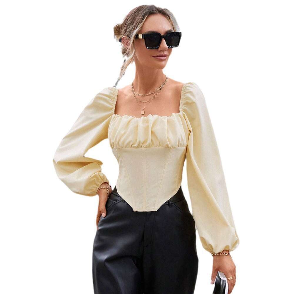 Autumn/Winter Women's Fashion Casual Sexy Square Neck Top With Bubble Sleeves Solid Color Shirt KLMY