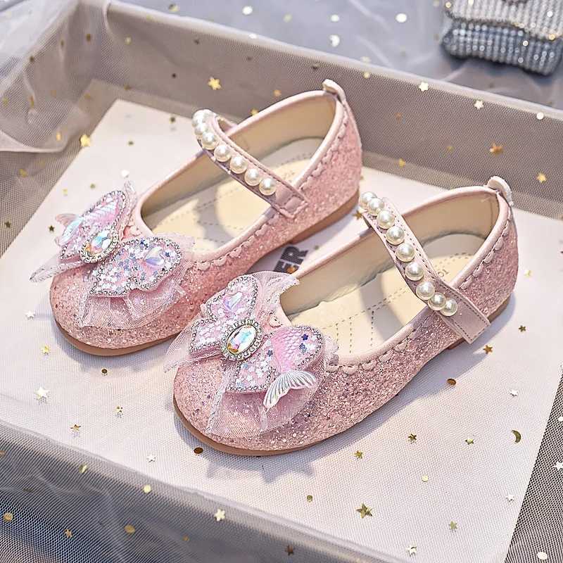 2024 Girls Princess Leather Shoes Elegant Luxury Childrens Flats Fashion Rhinestone Pearl Kids Ballet Wedding Mary Jane ShoesT250306
