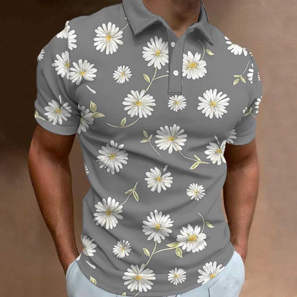 Mens Polo Shirt Summer Street Casual Short Sleeve Flower Print Buttons Tops Fashion Pullover Oversized Clothing Male Wear X250306