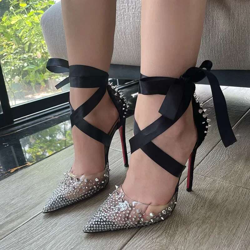 Transparent PVC rhie willow nail leopard print black gold camouflage veet heel tied ribbon high-heeled sandals