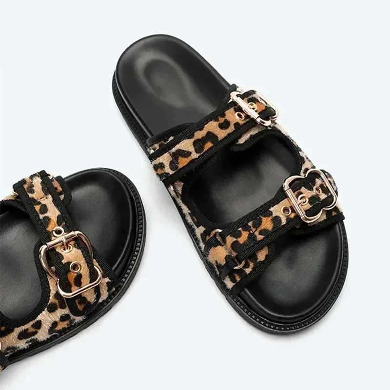 High Quality Leopard Metal Buckle Design Wen Slippers Sexy Cfort N Slip Slide Sandals Summer Size 43 Platform Flip Flops Y250306