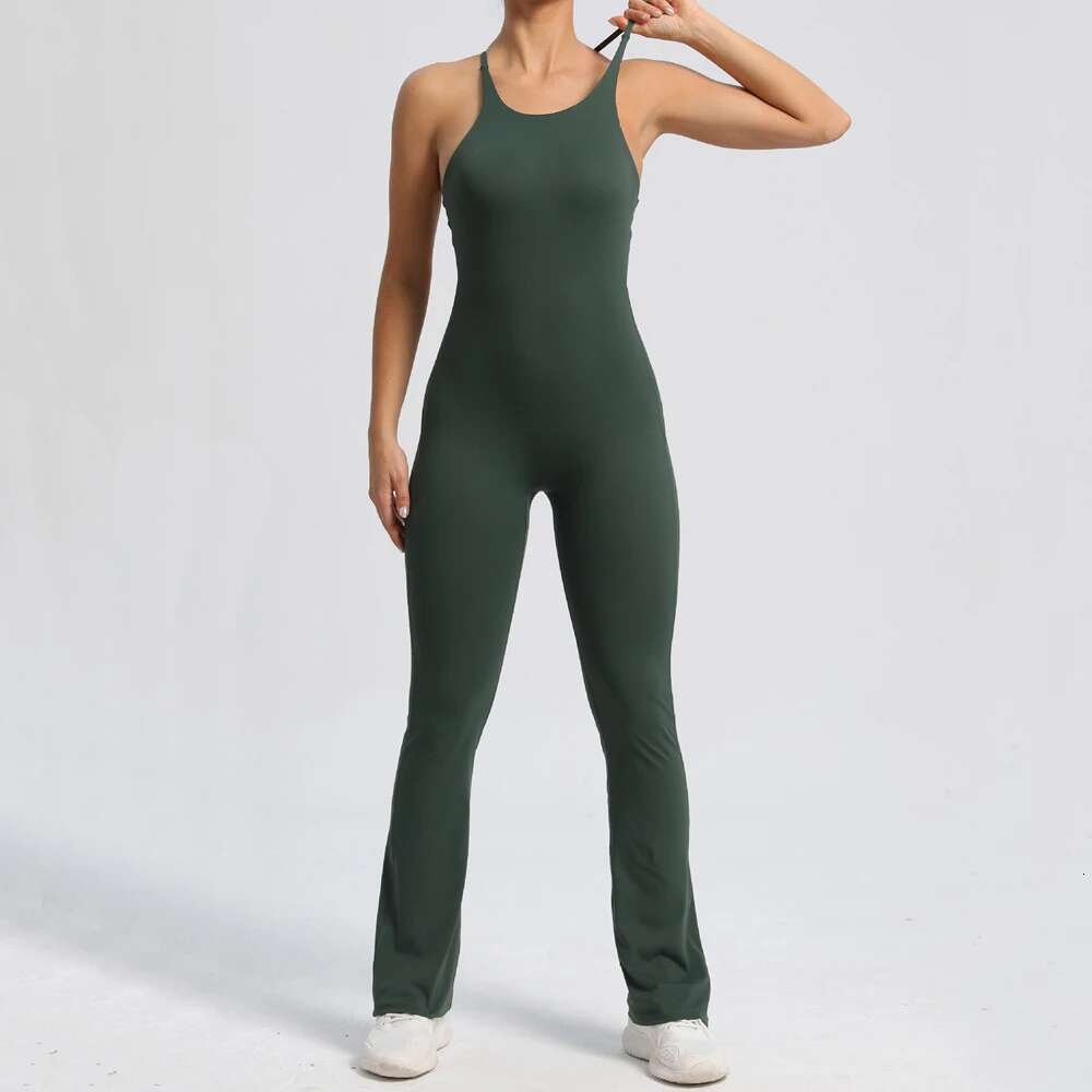 New Nylon Pad Bunny Sportwear Fiess Yoga Set Workout Flared Legging One Piece Jumpsuit Pants Exercise Active Wear Bodysuit KLMY