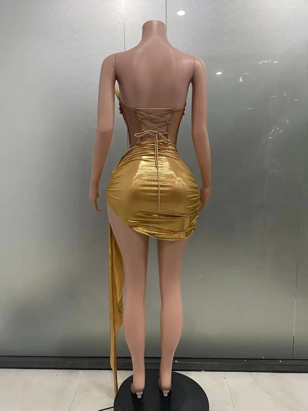 STOCK Gold Sliver Women Sexy Strapless Shinning Crystal 2 Pieces Bodycon Mini Dress Bar Singer Performance Costume Stage Wear 250305