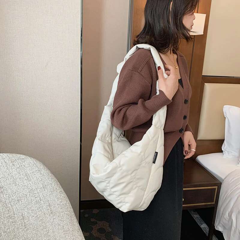 Casual Crossbody Leather Large Capacity Zipper Purse Down Cotton Women Soft Quilted Totes Bag Satchels