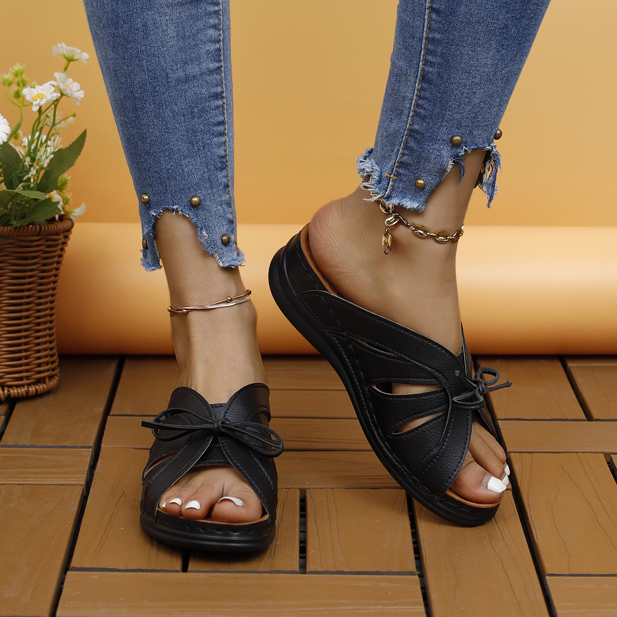 Women's plus size spring/summer 2025 simple sandals flat bottom solid color bow new style #ddmykukumalu