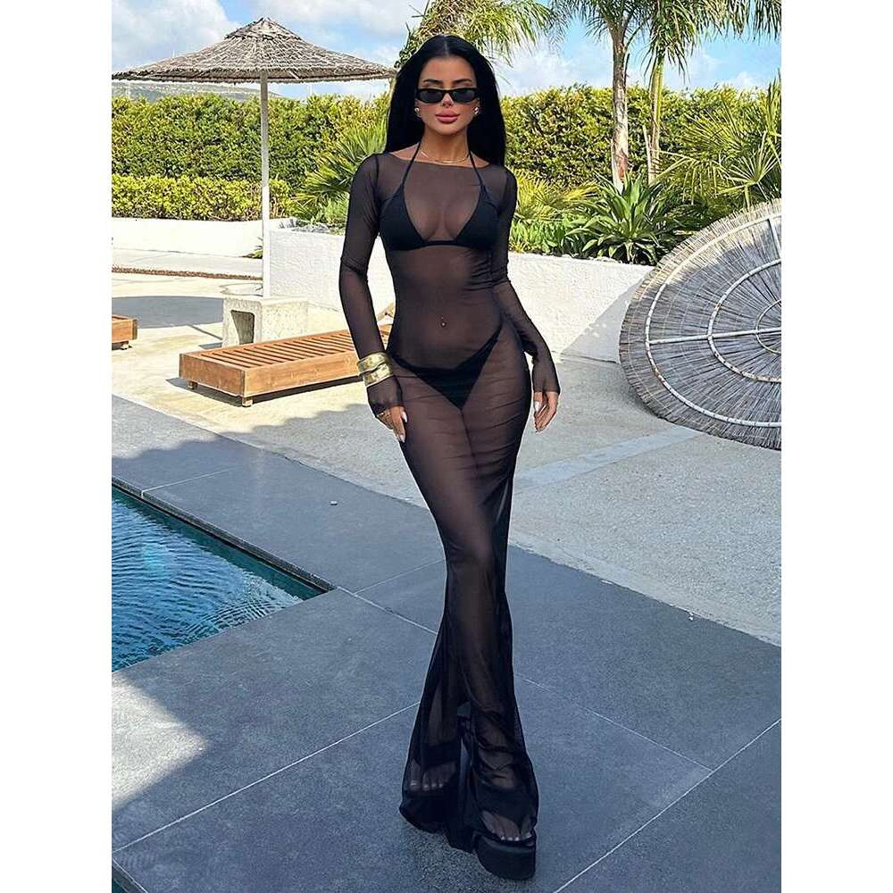 Sibybo Sexy See Through Gauze Close Fitting Dress Basics Solid Color Straight Shoulder Long Sleeve Robe Summer Lady Clothes KLMY