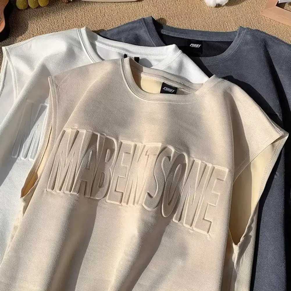 Men Tank Tops For Summer Solid Color O-neck Sleeveless Suede Vest Letter Pattern Pullover Tops Wide Shoulder Straps Male VestT250318