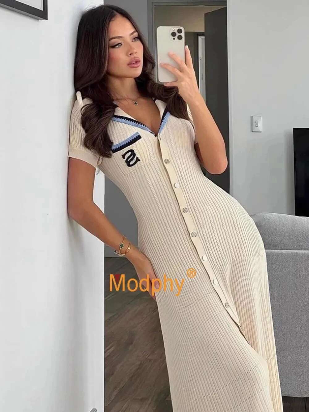 Modphy 2025 Elegant Slim Knitted Dress Women's Letter Single Breasted Long Sleeved Designer Vintage Dresses Autumn