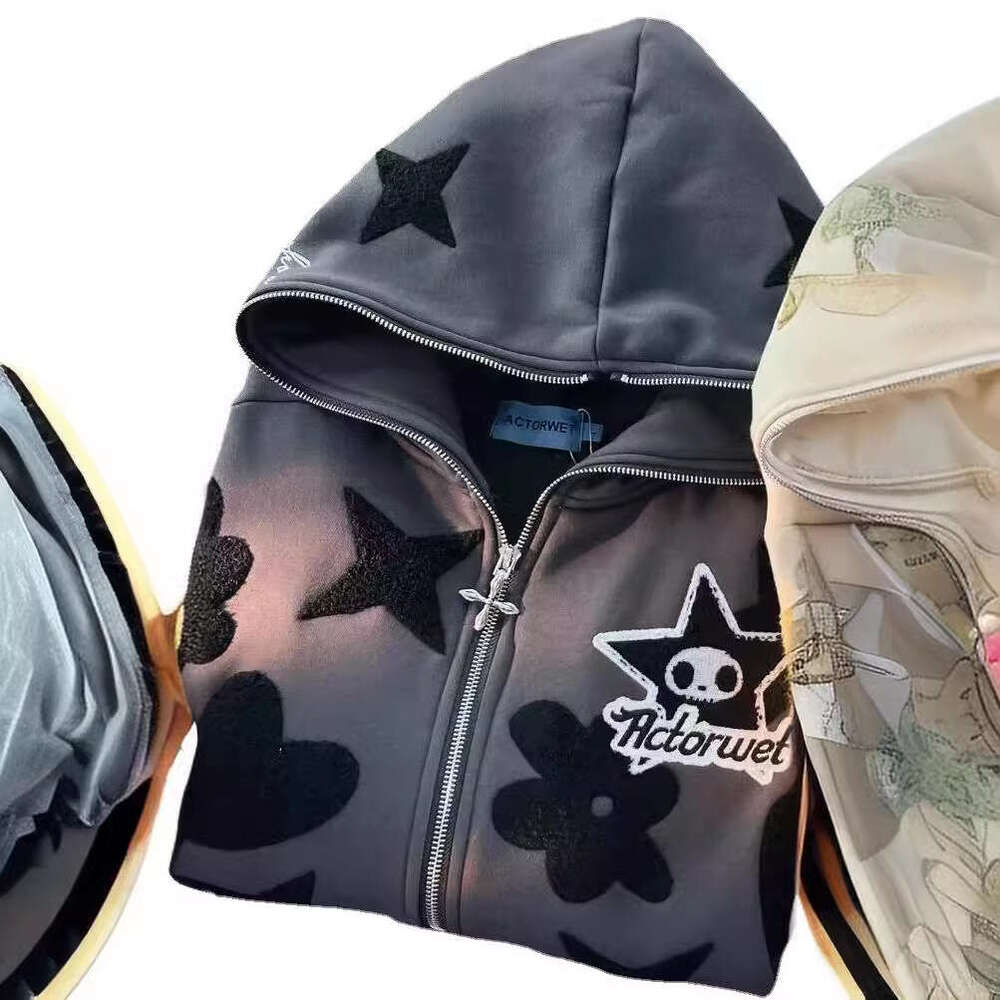 Star Pattern Printed Full Face Sweatshirt Haruku Zipper Top Hoodie Coat 2025 New Casual Fashion Trendy Clothing