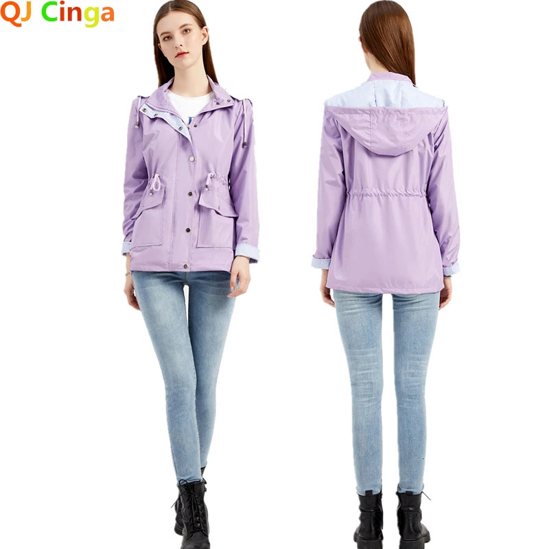 Purple Hooded Jacket for Spring Womens Office Fashion Women Outerwear Hat with Removable Waist Drawstring Water Proof 250306